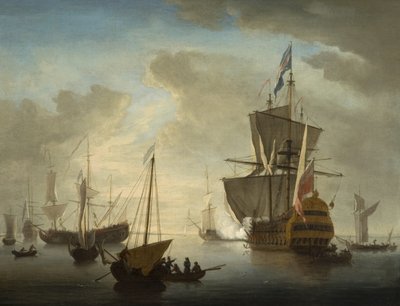 Nave da guerra britannica che spara un saluto da Peter Monamy